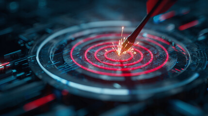 Digital Arrow Hitting Target: Precise aim and execution in technology. Success with precision. Tech advancement and innovative solutions. Innovation target.
