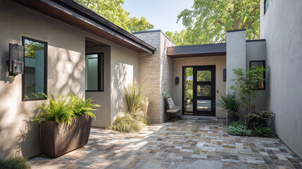 Fototapeta premium Inviting entryway with modern architecture and lush greenery. Warm stone pavers lead to the door, creating a sophisticated and welcoming atmosphere.