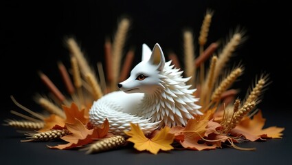 Artistic white fox sculpture nestled in autumn foliage and grasses