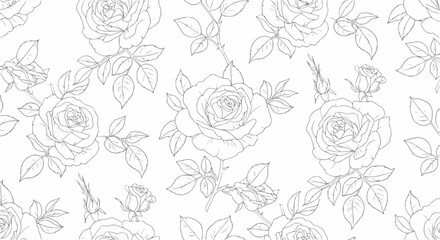 Seamless floral pattern with hand-drawn rose and leaves, black line art on white background