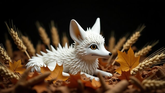Adorable white fox cub nestled amongst autumn wheat and leaves - Powered by Adobe