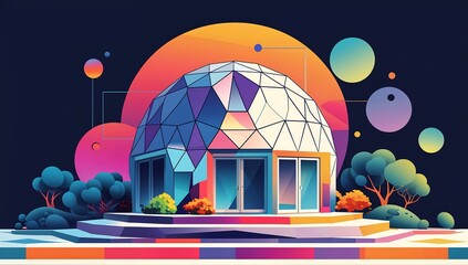 Geometric dome house, hexagonal patterns, futuristic palette