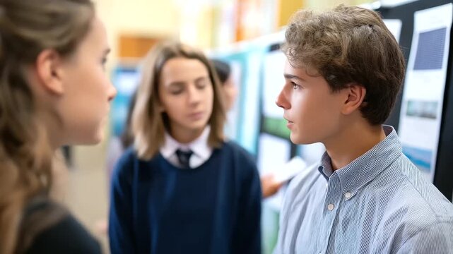 A student showcases their solar panel project at a bustling science fair.