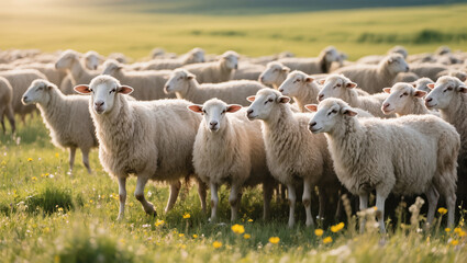 Obraz premium Flock of white sheep grazing in a green meadow with wildflowers on a sunny day
