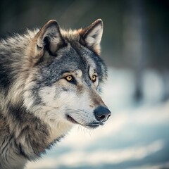 Obraz premium Intense Wolf Gaze: Winter Wildlife Portrait with Bokeh Background