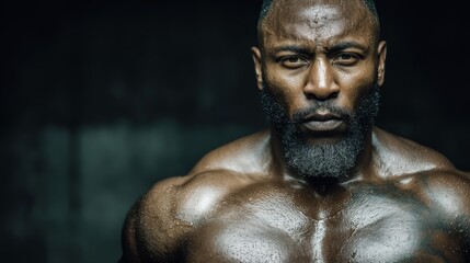 Fototapeta premium Intense portrait of a muscular, sweaty black man with a beard in a gym, showing his powerful physique and determined expression after a rigorous workout, conveying strength and dedication