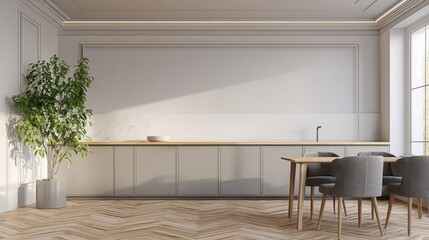 Fototapeta premium Minimalist Kitchen Interior Design with Wood Flooring, Natural Light, and Plant Accent Creating a Clean and Calm Ambiance