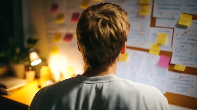 A dedicated student reviews vibrant formula flashcards during a late-night study session.