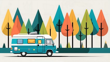 Minimalist camper van parked near flat vector forest, simple trees, solid colors.