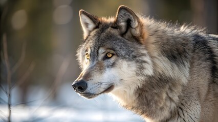 Fototapeta premium Intense Wolf Gaze: Winter Wildlife Portrait with Bokeh Background