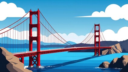 Obraz premium Minimalist flat vector Golden Gate Bridge, red simplified structure, blue water background.
