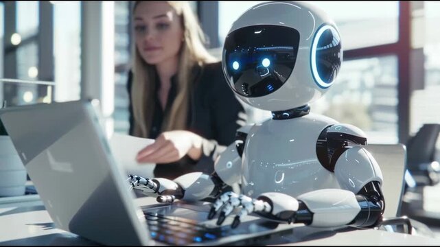 Robot using computer blends into corporate life while interacting with technology and team members.
