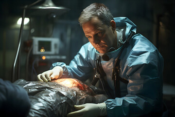 Surgeon performs complex procedure in sterile environment at a medical facility during night hours