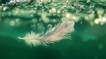 white feather with water drop on green bokeh nature background.