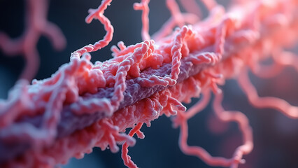 A microscopic image showing the complex structure of contractile proteins responsible for muscle movement, with particular emphasis on actin and myosin filaments. 