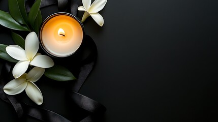 White gerbera with black ribbon and burning candle on black background