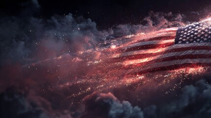 Dramatic Visualization of the United States Flag in a Cloudy, Sparkling Sky Symbolizing National Pride and Unity