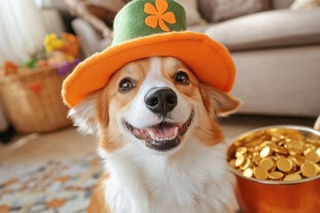 Happy corgi in green hat celebrating st. patrick's day with gold coins indoors