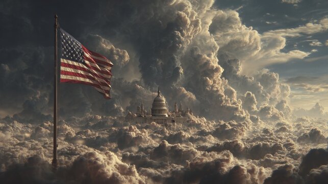 Majestic American Flag and Iconic Architecture Amidst a Stunning Cloudscape Creating a Dramatic and Patriotic Scene