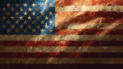 Textured Artistic Representation of the American Flag Capturing Patriotic Spirit and National Identity with Stars, Stripes, and Rich Colors Illustrating Freedom and Heritage