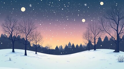 Naklejka premium Enchanting Winter Landscape with Moonlit Snowy Forest and Starry Sky