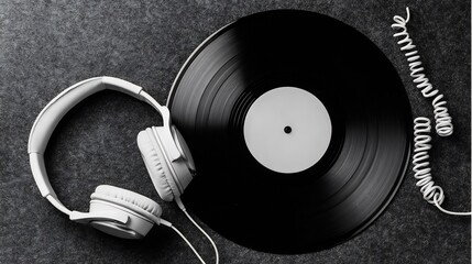 White headphones and vinyl record flat lay for music lovers and audiophiles vintage sound experience