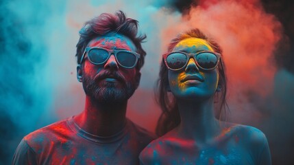Obraz premium Captivating Duo Enveloped in Vibrant Smoke and Neon Light Hues