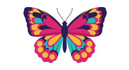 Colorful butterfly illustration with symmetrical wings in pink, blue, yellow, and navy, isolated on a white background.