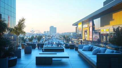 Fototapeta premium Bustling Modern City Center with Towering Skyscrapers and Outdoor Gathering Space