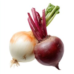 Two whole root vegetables, a pale yellow-white onion and a deep red beet, are presented close together, stem ends visible