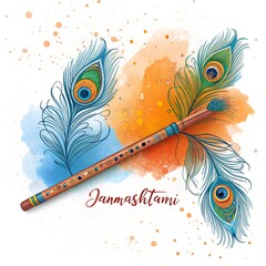 Watercolor illustration of flute with peacock feathers for janmashtami