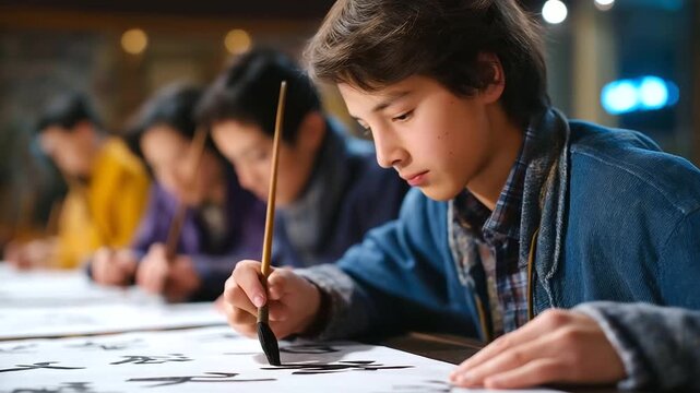 Students honing their calligraphy skills in a Chinese evening class setting.