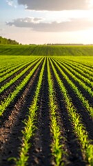 Rows of young plants in a cultivated field, extending towards a sunlit horizon