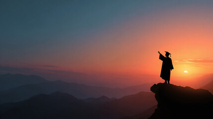 Graduate silhouetted against sunset on mountain peak, symbolizing accomplishment, new beginnings, and the pursuit of goals. Future success awaits.