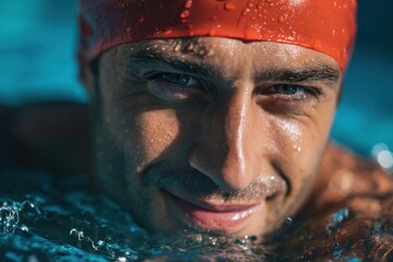 Joyful Fitness Cap Moment: Relaxed Man Enjoying His Workout by the Poolside