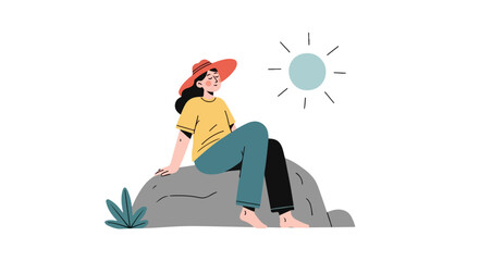 Serene Woman enjoying Sun, Sitting on Rock for Relaxing Vacation Scene, Promoting Leisure Activities and Outdoor Recreation in Travel and Tourism Projects.