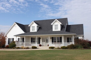 Charming Suburban Home with White Siding and Spacious Front Porch in Lush Yard
