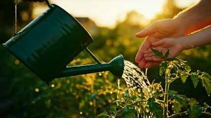 An adult and a child water a plant together in a garden at sunset symbolizing nurturing - Powered by Adobe