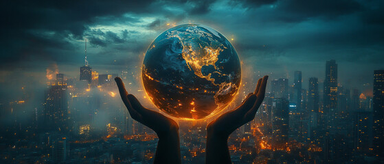 Globe in hand on cityscape background symbolizing globalization and connection. Useful for presentations on international relations, environment and technology.