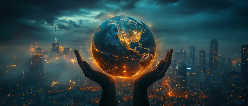 Globe in hand on cityscape background symbolizing globalization and connection. Useful for presentations on international relations, environment and technology.