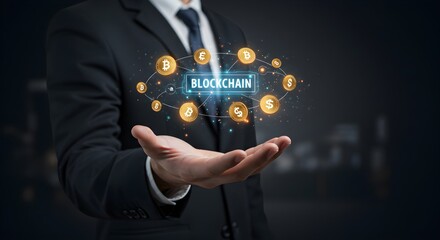A businessman presents a blockchain network with digital currency icons floating above his open palm, symbolizing technology and finance.