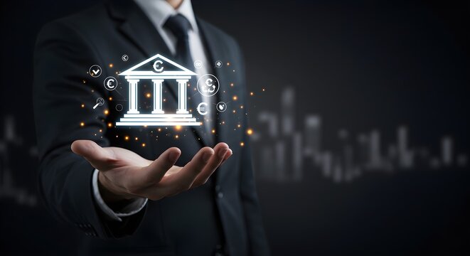 A businessman in a suit presents a glowing bank icon above his open hand, with a blurred cityscape background. - Powered by Adobe