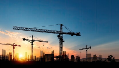 Cityscape Construction Sunset Silhouettes Cranes working at sunset against a city skyline, depicting urban development and progress