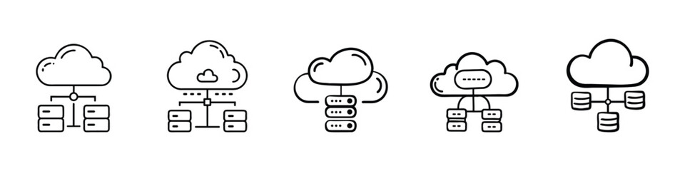 Cloud Computing Icon Set – Data Storage, Networking, Server Technology, Cloud Computing and Server Icons, Flat outline cloud computing icon set showing data storage, networking, server technology