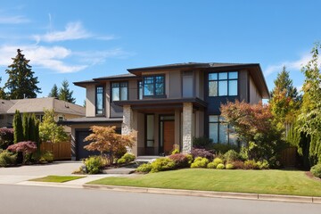 Fototapeta premium Stylish Luxury Residence: Spacious Modern Family Home with Expansive Lawn and Elegant Landscaping Under a Bright Blue Sky