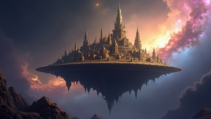Majestic floating castle city in a vibrant fantasy sky