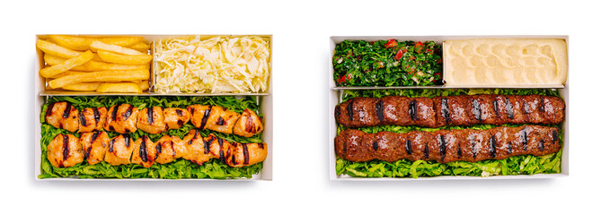 Delicious grilled kebabs and sides served at a vibrant restaurant