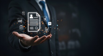 Businessman in suit presents a digital document with profile icon, surrounded by floating business and finance related symbols.