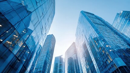 Modern Cityscape Perspective with Blue Glass Skyscrapers Reaching Towards a Bright Sky, Symbolizing Urban Growth