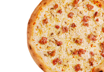Delicious pizza topped with sausage and mushrooms, ready to enjoy
